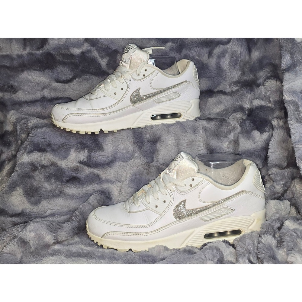 Nike Air Max 90 White Silver Glitter Swoosh FJ4579-100 Womens 9.5 Sneakers‎